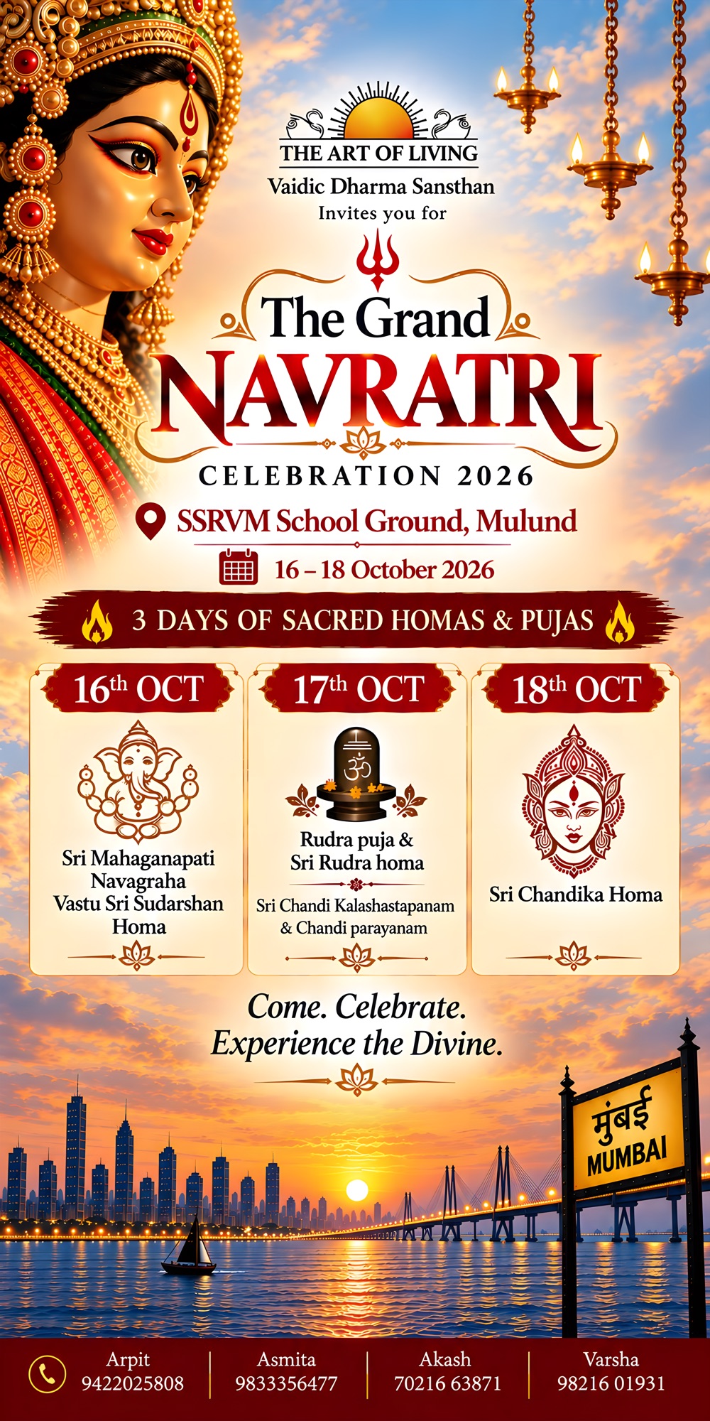 Mumbai Navratri 2026 poster — The Art of Living, Vaidic Dharma Sansthan. SSRVM School Ground, Mulund, 16 to 18 October 2026. Three days of sacred homas and pujas.